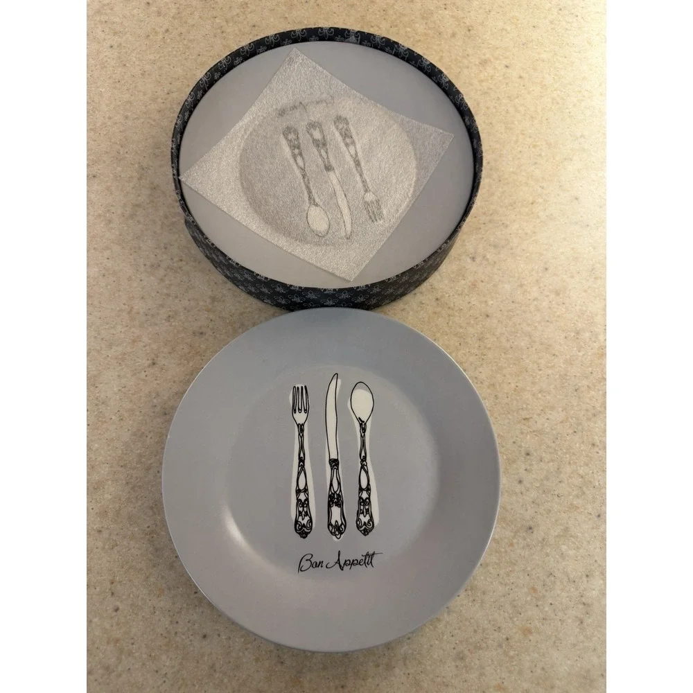 C.R. Gibson Bon Appetit Porcelain Dessert Plates Set of 4 Silverware Design